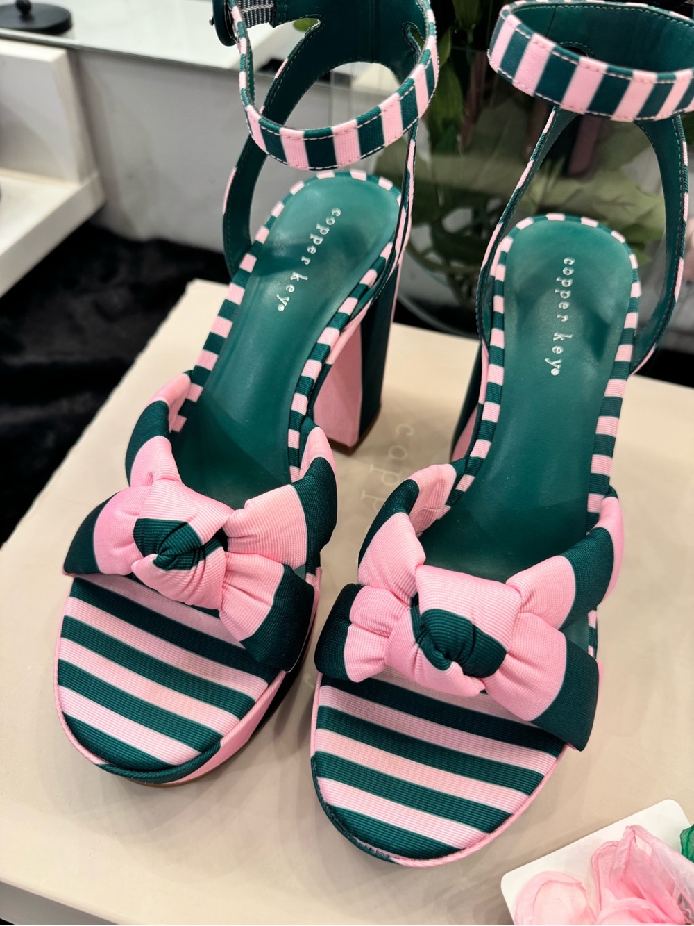 Copper Key Pink and Green Striped Bow Ankle-Strap Heels - Picture 2 of 8